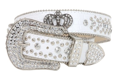 Snap On Rhinestone Crown Silver Circle Studded Genuine Leather Belt Size: L/XL - 39 Color: White