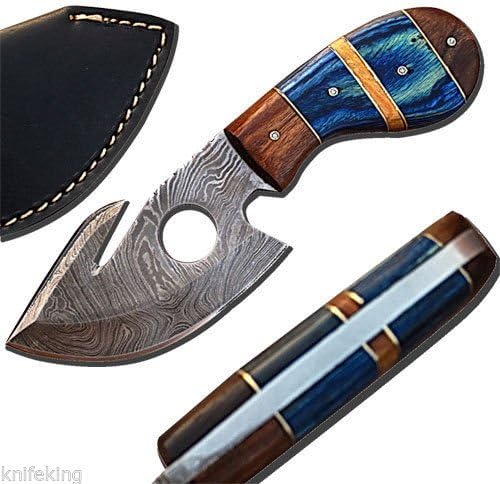 Custom Made Damascus Steel Deluxe Gut Hook Hunting Skinner Knife w/ Leather Sheath (Limited Edition)