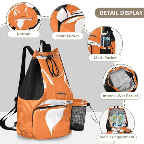 Mesh Gym Swimming Bags for Men & Women, Abstract Animal Fox Large Drawstring Backpack with Dry-Wet Pocket, Lightweight Gym Bag for Sports, Travel, Beach, Workout Gear4