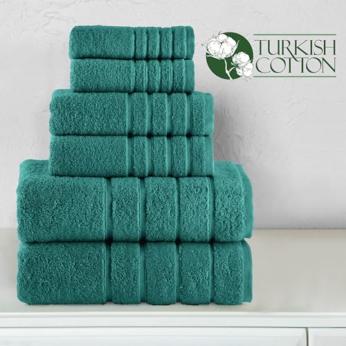 Image of Elegant Comfort 4 Lines Viscose Stripe 6-Piece Premium Towel Set - 100% Turkish Cotton High Absorbent Luxury Bathroom Towels - Includes 2 Washcloths, 2 Hand Towels and 2 Bath Towels Set, Turquoise