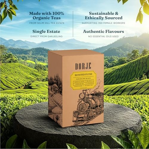 Image of Dorje Teas Roasted Flush Darjeeling Black Tea | 15 Pyramid Teabags (Pack of 1) | Selim Hill Estate | Rich & Bold Roasted Flavour | 100% Single Estate Whole Leaf | No Dust or Fannings | 15 Cups