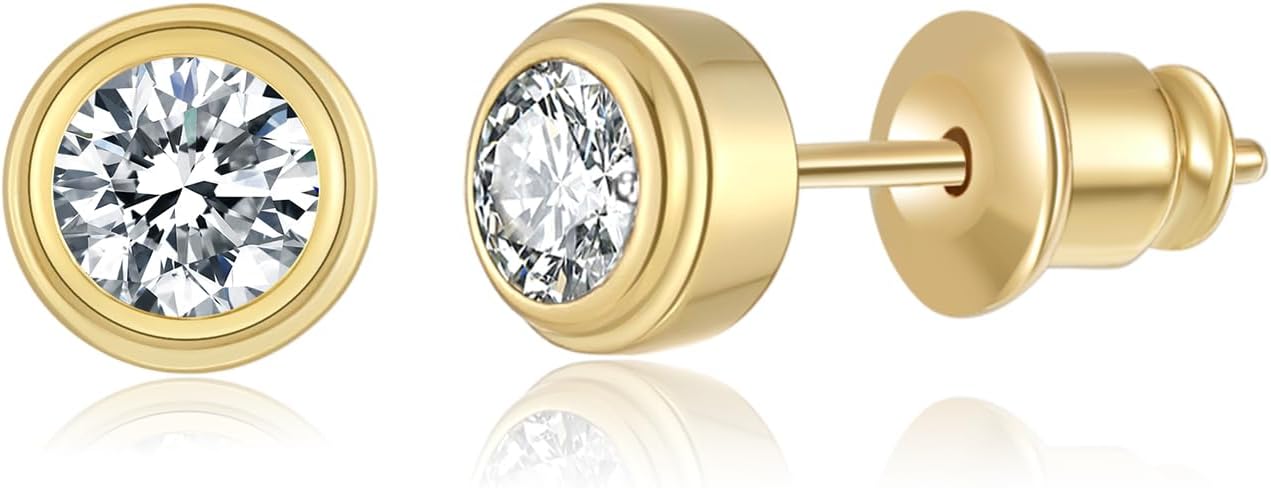 Hypoallergenic Stud Earrings for Women, 14k Gold Plated 925 Sterling Silver Posts Ear Studs, Small Cubic Zirconia Stud Earrings, Women'S CZ Round Bezel Set Earrings