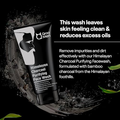 Image of Qraa Men Himalayan Charcoal Purifying Face Wash |For Deep Cleansing Of Pores|Removes Dirt, Control Oil| Fights Pollution, Blackheads, Acne & Pimples | All Skin Types | Pack of 3 (100gm X 3)