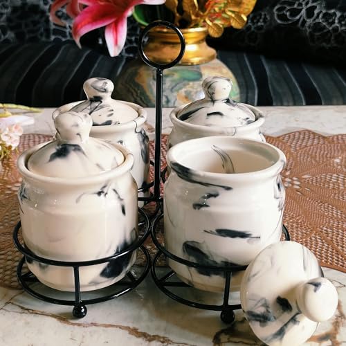 Image of Niyara Handcrafted Ceramic Pickle Jar Set, Premium Metal Tray, Spoons & Lids - Multipurpose Storage for Pickles, Chutneys, Spices & Condiments (Set of 4, 300ML /Each) (White Marble design)