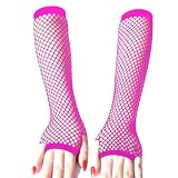 Aucute Damen Fingerlose Fischnetz lange Handschuhe, 2 Paar Emo Goth Arm Ärmel, Punk 80er Jahre Szene Zubehör(Rosa-rot)
