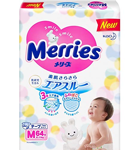 Diapers Size Medium (13-24 lbs) 64 counts â€“ Merries Diapers Bundle with Americas Toys Wipes â€“ Baby Diapers Tape Type Safe Materials, Indicator Prevents Leakage, Ultra-Soft for Tummy Packaging May Vary