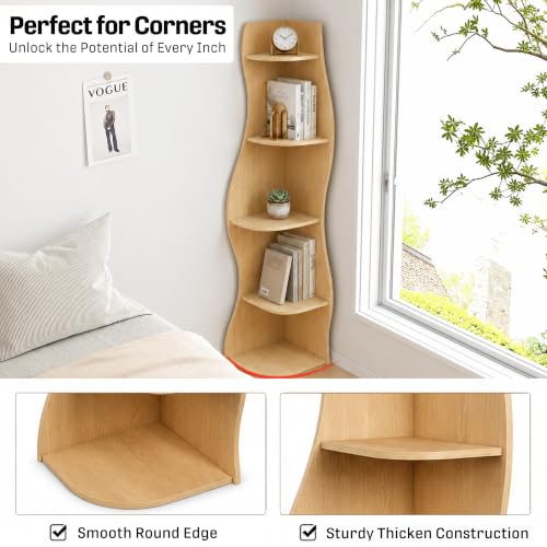 KEIKI 63" Unique Curved Bookshelf, 5-Tier Corner Bookcase w/Shelf, Natural - image 7