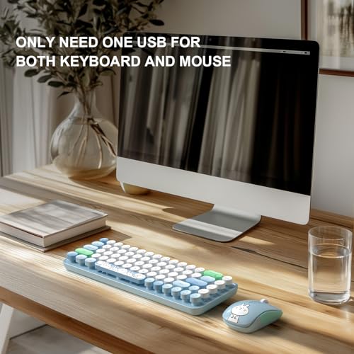Image of FOPETT Wireless Keyboard and Mouse Cute Mouse and Keyboard 2.4G Wireless Keyboards with Colorful 68 Keys Typewriter Retro Round Keycap for PC, Laptop,Tablet,Computer Windows - Blue Colorful
