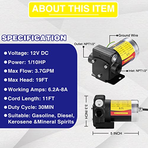 Image of TRUPOW 12V DC Self-priming Gasoline Fuel Oil Transfer Pump with Reversible Pumping for Gasoline Diesel Kerosene & More