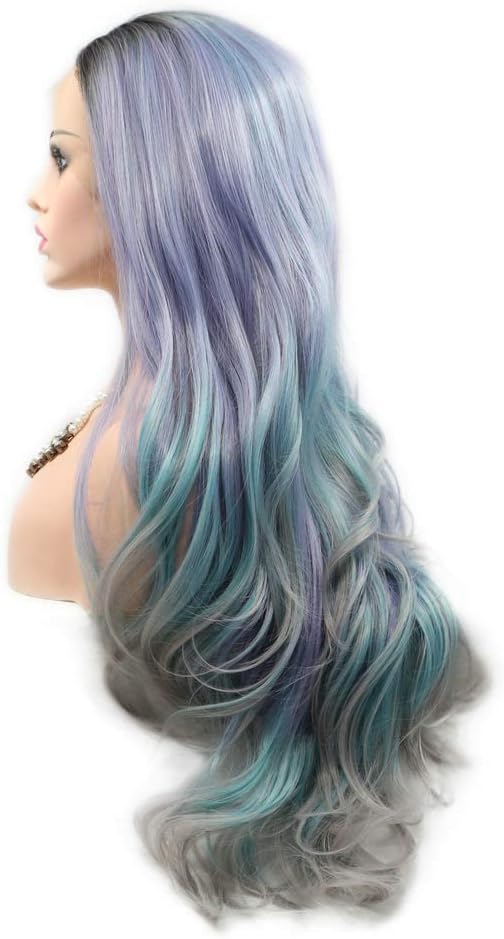 RainaHair Mermaid Makeup Wear Body Wave Hair Purple/Peacock Green/Pale Grey Wig Synthetic Lace Front Wigs Cosplay Holidays Colorful Wig Daily Wear Wig For Women 24" - Image 5