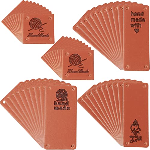 MEETOOT 50 Stück PU-Leder-Etiketten, handgefertigt, 4 Stile, geprägtes Etikett, Verzierung, Strick, DIY, Bekleidung, Zubehör für Jeans, Taschen, Schuhe Cover