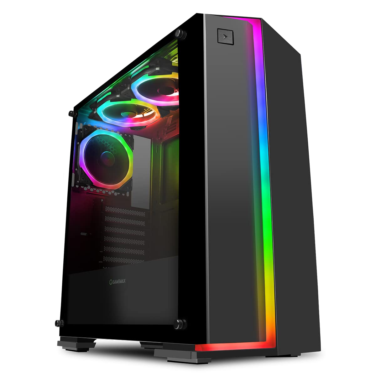 GameMax Starlight Mid-Tower RGB PC Gaming Case, ATX, 3 x 120mm Halo Dual Ring Rainbow RGB Fans Included, Full Tempered Glass Side Window - Black