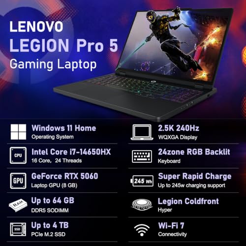 Image of Lenovo Legion Pro 5i RTX 5060 Intel Core i7-14650HX 240Hz Gaming Laptop | 16 inch QHD+ IPS Anti-Glare, 32GB DDR5, 2TB SSD, 24-Zone RGB Backlit, Wi-Fi 7, Windows 11 Home, w /Bundle
