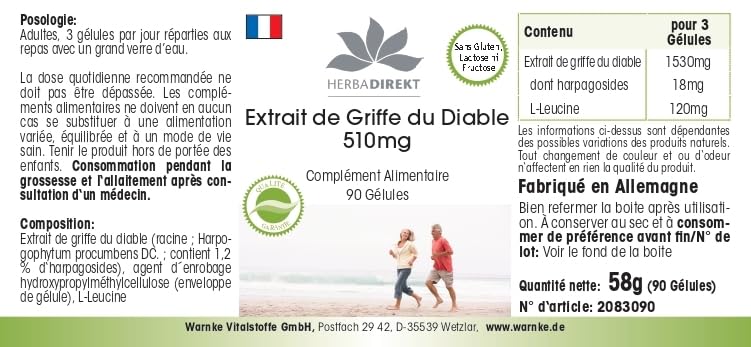 Teufelskralle Extrakt - 510mg - 90 Kapseln - schluckfreundlich - vegan - hochdosiert | HERBADIREKT by Warnke Vitalstoffe - Deutsche Apothekenqualität