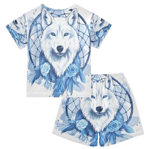 senya Short Sleeve Pajamas Sets Summer Cotton Sleepwear Blue Rose Dreamcatcher Wolf2