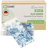 SimuLinen Blue Floral Decorative Dinner Napkins, Disposable Cloth-Like Paper Napkins, Linen Feel, Premium Airlaid Material, Highly Absorbent, Pack of 60