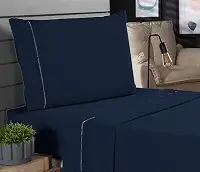 Jogo de Cama Classic Solteiro Percal 400 Fios Ponto Palito 03 Peças, Antiácaro, Anti-pilling com Toque Macio - Azul Marinho