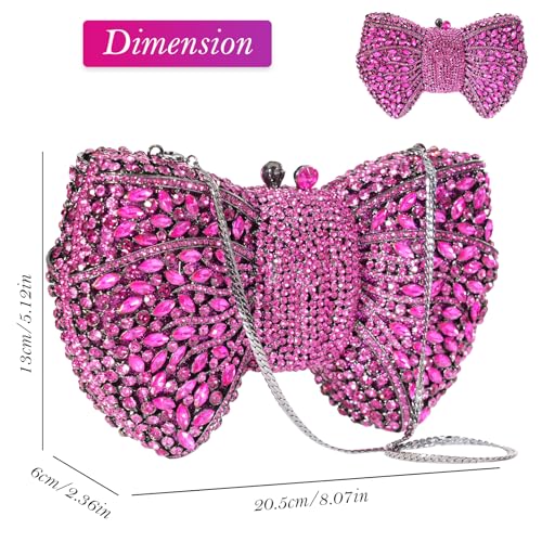 Image of Handmade Inlay Rhinestone Bow Clutch Bag for Women, Sparkling Evening Party Wedding Purse with Detachable Pearl Chain