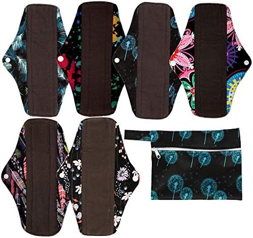 7pcs Set 1pc Mini Wet Bag +6pcs 10 Inch Regular Charcoal Bamboo Mama Cloth/Menstrual Pads/Reusable Sanitary Pads(Flower)