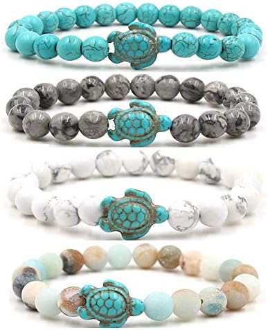 Caiyao 8mm Sea Turtles Beads Bracelet Turquoise Natutal Stone Elastic Stretch Bracelet for Women Men (4pcs)