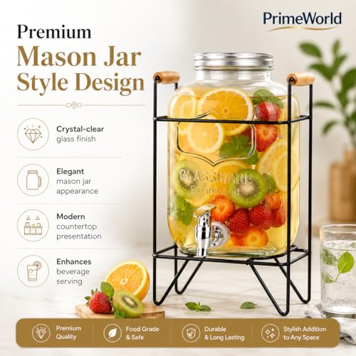 Image of PrimeWorld 1 Pc 5 LTR Glass Water Beverage Dispenser with Stand - Air Tight Lid Glass Pitcher for Detox Water - Mason Jar - Counter Table Top Juice Water Beer Dispenser for Home Restaurant Party