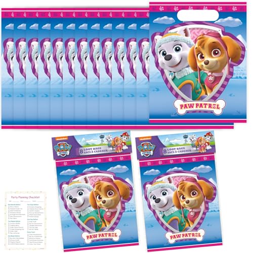 Unique Paw Patrol Party Favor Bags Set - 16 Girl Paw Patrol Goodie Bags, Checklist - Skye Paw Patrol Birthday Decorations Girl, Paw Patrol Everest and Skye Birthday Decorations