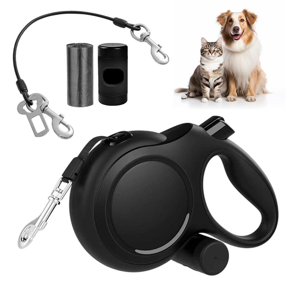 Hundeleine 8m, Einziehbare Hundeleine, Rollleine für Hunde, Rollleine mit Kotbeutelhalter, mit Bissfesten Stahlseil, Anti-Rutsch-Griff & Schnellbremsknopf, für Training, für Hunde bis 50 kg (Schwarz)