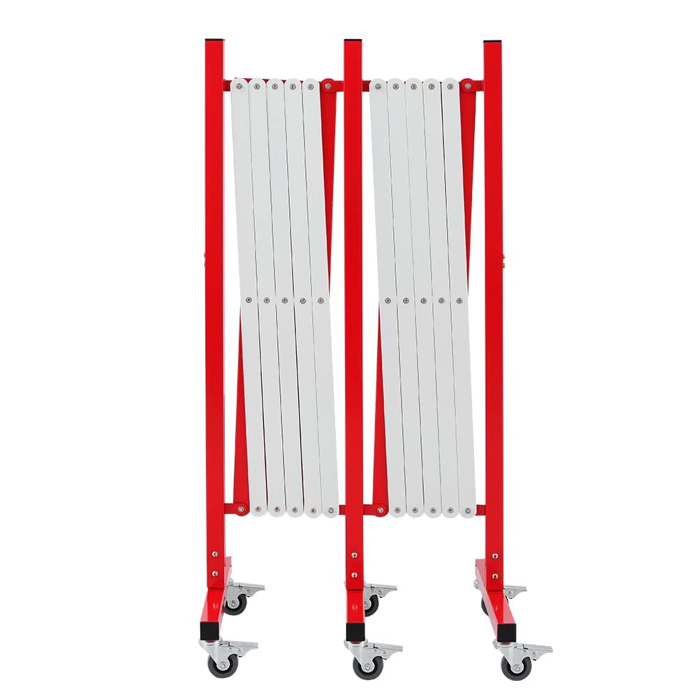 Rejilla de tijera industrial extensible, barricada de metal, cadena de barrera fácil de montar con ruedas, barrera móvil para exteriores, barrera amarilla y negra, 5 metros, rojo y blanco