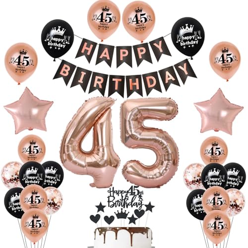 Décoration 45 ans anniversaire femme Ballon rose doré noir Guirlande Happy Birthday, Déco anniversaire 45 ans femme ballon géant en aluminium chiffre 45, Décoration gâteau 45 fille