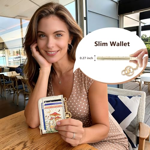 Image of GIANCOMICS Slim Wallet Credit Card Holder Women, White Rfid Blocking Small Card Case, Keychain Thin Pocket Curved Zipper Wallet, Mushroom Travel Card Holder PU Leather ID Window, Ladies Female Gifts