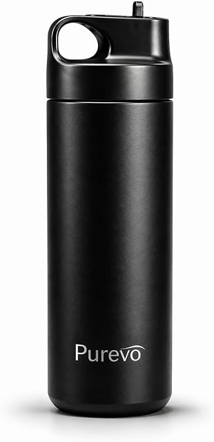 600ml (20oz) Bouteille d'eau en acier inoxydable avec couvercle en paille & Boucle de transport – Double mur isolé, sans BPA, étanche, finition enduite de poudre (noir)