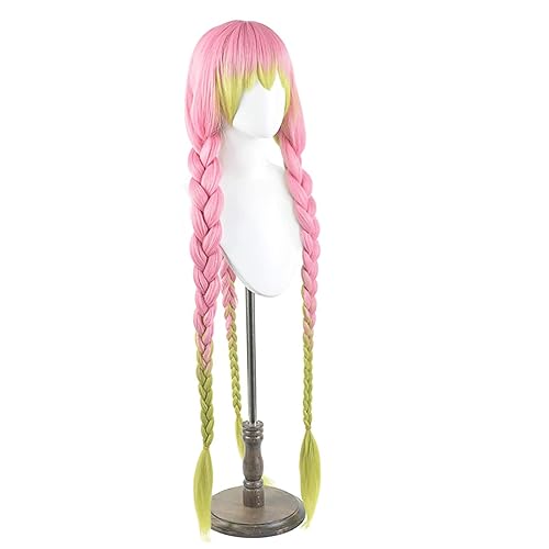 Miniatura 4 de Ebingoo Peluca rosa mixta verde para mujer + gorra larga de tres trenzadas, pelucas de cosplay para anime, cosplay, peluca sintética con colas de