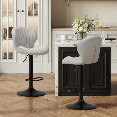 Image of COLAMY Bar Stools Set of 2,Swivel Adjustable Height Leather Bar Chair,Grey