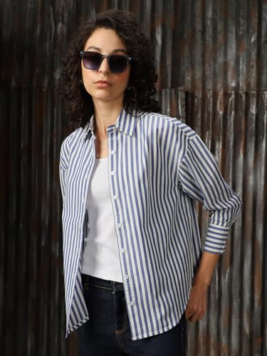 Image of High Star Women Cotton Striped Oversized Fit Collar Full Sleeves Shirts
