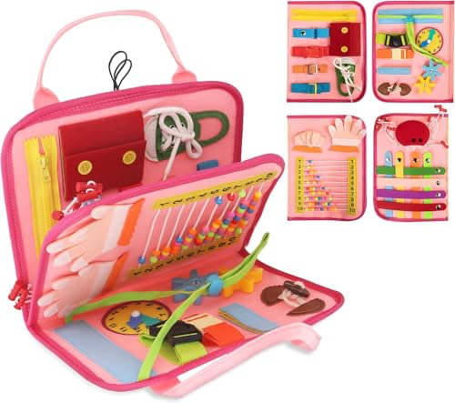 Image of JAGSYJOY Montessori Busy Board Book, Toddlers, Sensory Activities and Preschool Learning - Toy for Home, Airplane and Car Travel (Pink)