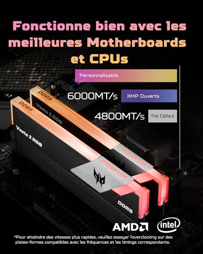 Image of Acer Predator Vesta II RGB DDR5 RAM 32GB (16GBx2) 6000MHz CL36 PC5-48000, Intel XMP 3.0 AMD EXPO Compatible Computer Memory, Black BL.9BWWR.652
