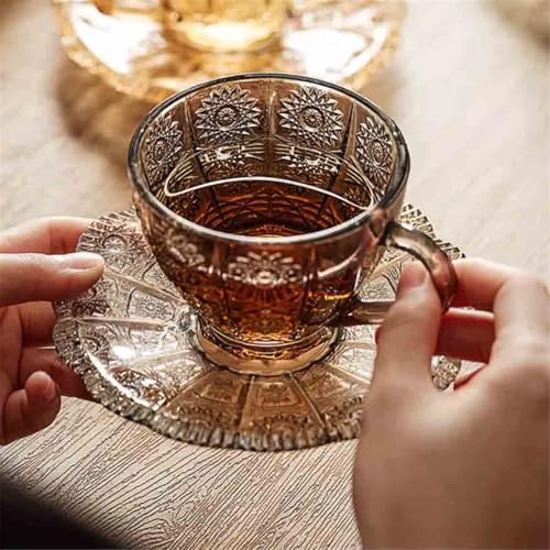 Taza de café vintage de vidrio gris con relieve de girasol elegante 8