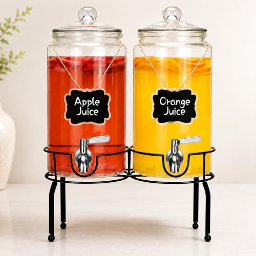 PARAISODOS 1 Gallon Beverage Dispenser 2 Pack, Stainless Steel Spigot Drink Dispenser for Parties with Stand, Clear Glass Drink Container Easy to Refill and Clean