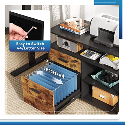 Devaise 2 Drawer Wood File Cabinet With Lock, Mobile Printer Stand With Open Storage Shelf, Lateral Filing Cabinet Fits A4 Letter Size For Home Office, Rustic Brown #TOP4