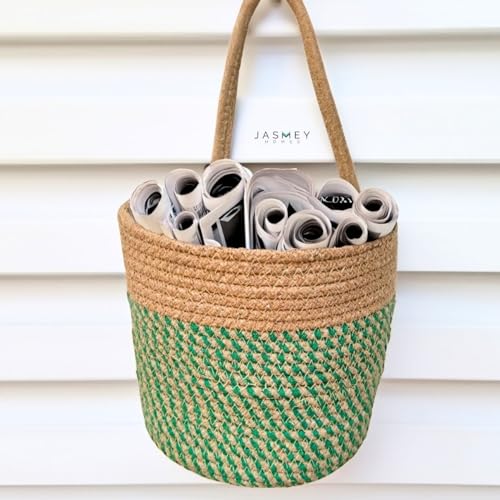 Image of JASMEY HOMES Wall Hanging Jute Basket for Vegetables /Newspaper Storage Box for Home /Milk Basket for Main Door Hanging from (Green & Yellow)