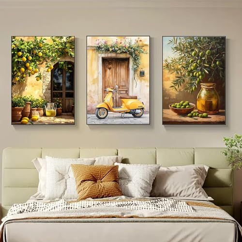 TROYSINC Lot de 3 posters - Motif village méditerranéen - Citrons - Vespa jaune et olives - Décoration murale esthétique pour salon et cuisine - Sans cadre...