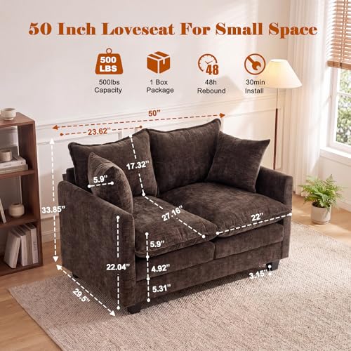 Image of 50'' Loveseat Sofa Cloud Sofa Couch, Modern Loveseats 2 Seat Couch 27 inch Deep Seat with 2 Pillows for Small Spaces Apartment Studio Office Bedroom Living Room, Brown