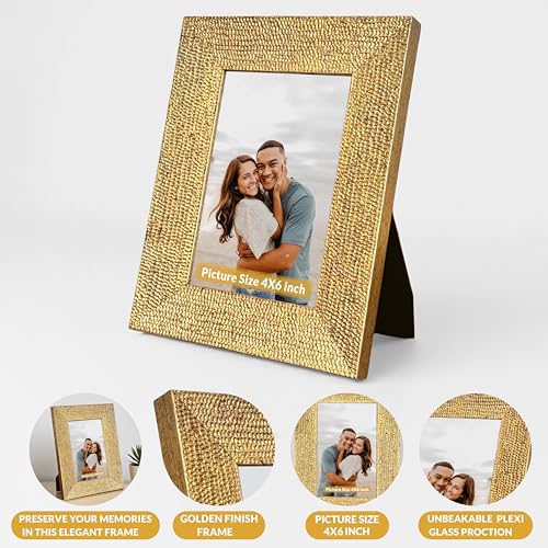 Image of Art Street Table and Wall Photo Frame Textured Picture Frames Picture Frame, Gold Metal Look for 4x6 Photos Tabletop Photos for Home Decor, Wood Photo Frames for Wall and Table Decoration 10x15 cm