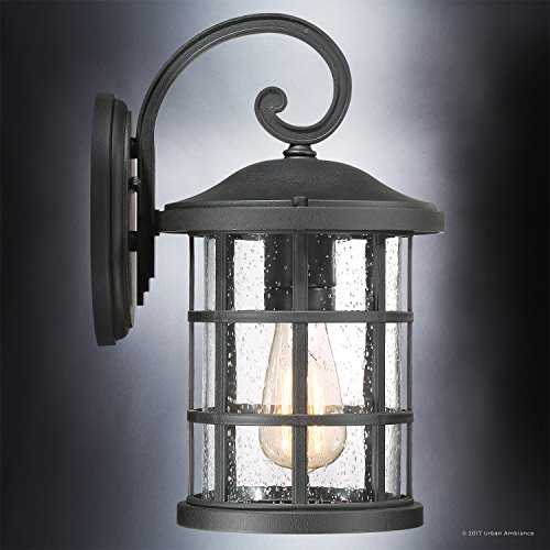 Image of Urban Ambiance Luxury Craftsman Outdoor Wall Light, Medium Size: 14.25 inch H x 8 inch W, with Tudor Style Elements, Wrought Iron Design, Natural Black Finish and Seeded Glass, UQL1042