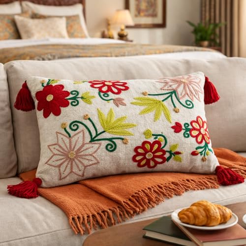 Image of Embroidered Floral Lumbar Throw Pillow Cover with Filler, Red Tassels, 12x20 Inches