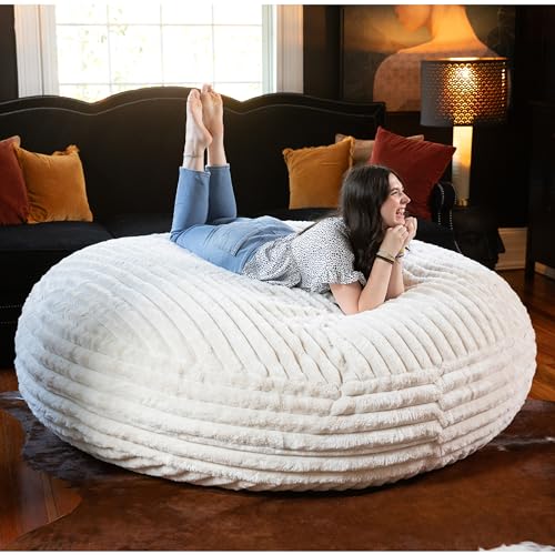 Image of Jaxx 6 Foot Cocoon - 2-in-1 Convertible Bean Bag Bed & Large Bean Bag Chair for Adults, Premium Luxe Faux Fur - Mondo Ivory