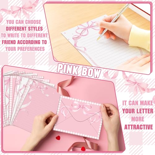 Image of TaoBary 160 Pcs Pink Bow Stationery Paper Set for Girls with Stationery Letter and Envelopes 50 Double Sided Papers with 50 Matching Envelopes and 60 Round Dot Sticker 10 Design (5.5 x 8.25 Inch)