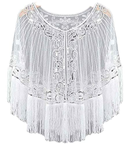 Fringed Bridal Evening Cape Beaded Sequin Deco 1920s Wraps Shawl Capelet Bolero Flapper Cover Up