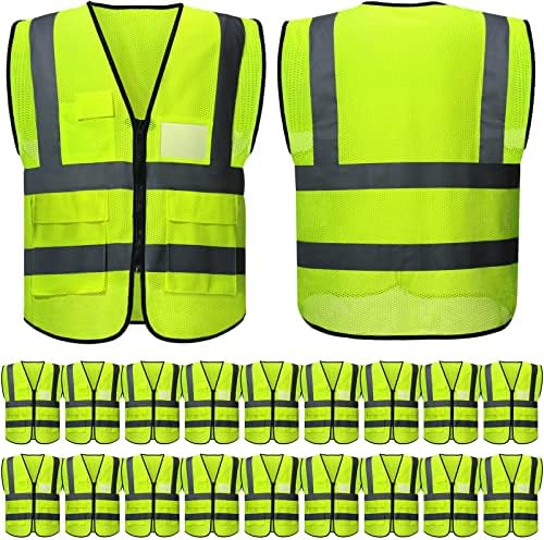 20 Pack High Visibility Safety Vests with Pockets and Zipper Reflective Mesh Construction Vest for Men Women, Breathable Neon Working Vest for Traffic Work Outdoor Running Cycling Walking at Night