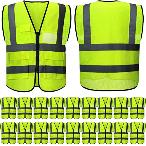 JaGely High Visibility Safety Vests with Pockets and Zipper Reflective Mesh Vest for Men Women Neon Working Vest(20 Pack)